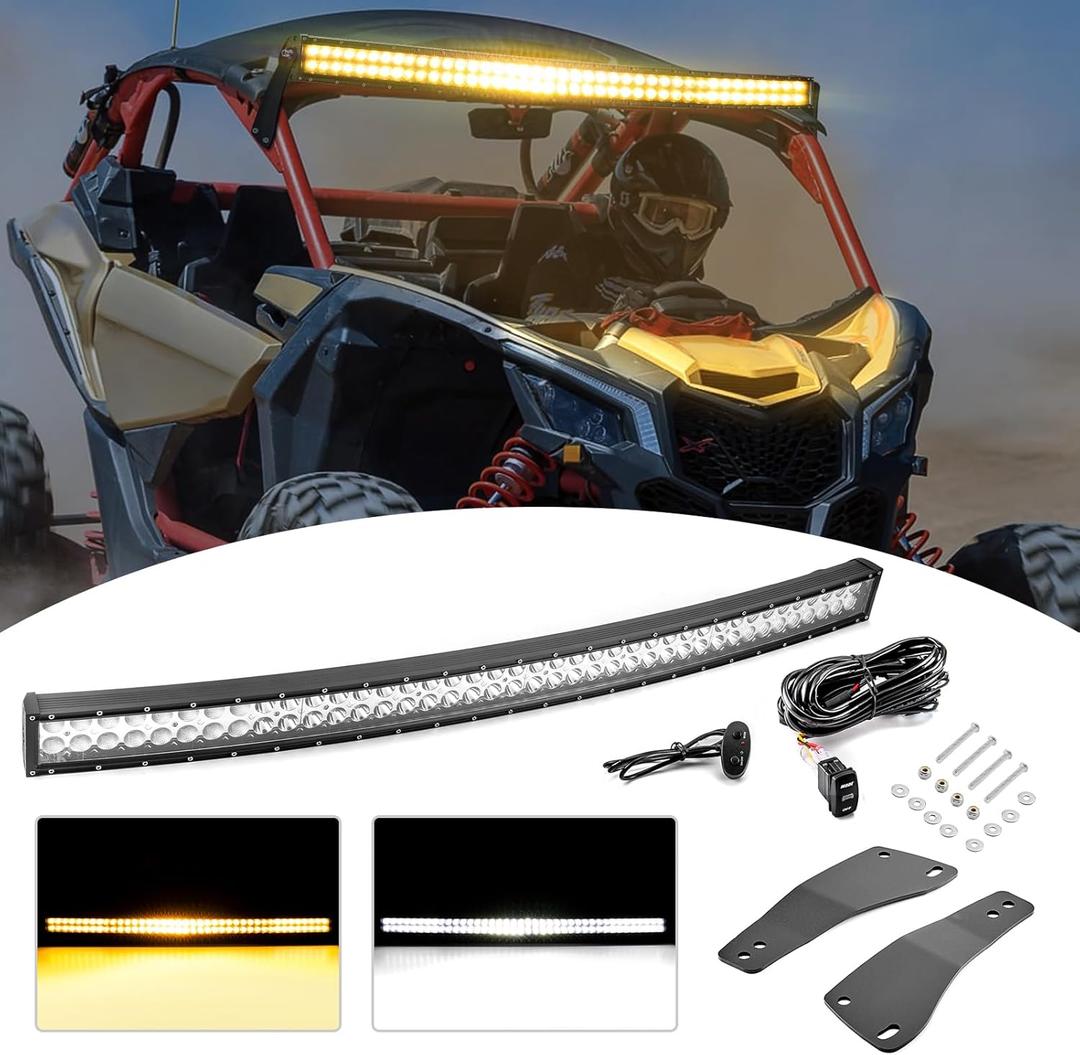 Wsays 52 Inch 300w Dual Row Curved LED Amber/White Strobe Light Bar with Wiring Harness Kit & Upper Roof Windshield Mounting Brackets Compatible with Can-am Maverick X3 MAX 2017-2025, 2 Pack