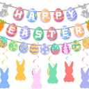 Happy Easter Banner Easter Decorations for Home Garland Eggs Banner Cute Bunny Hanging Swirl for Spring Decor Party