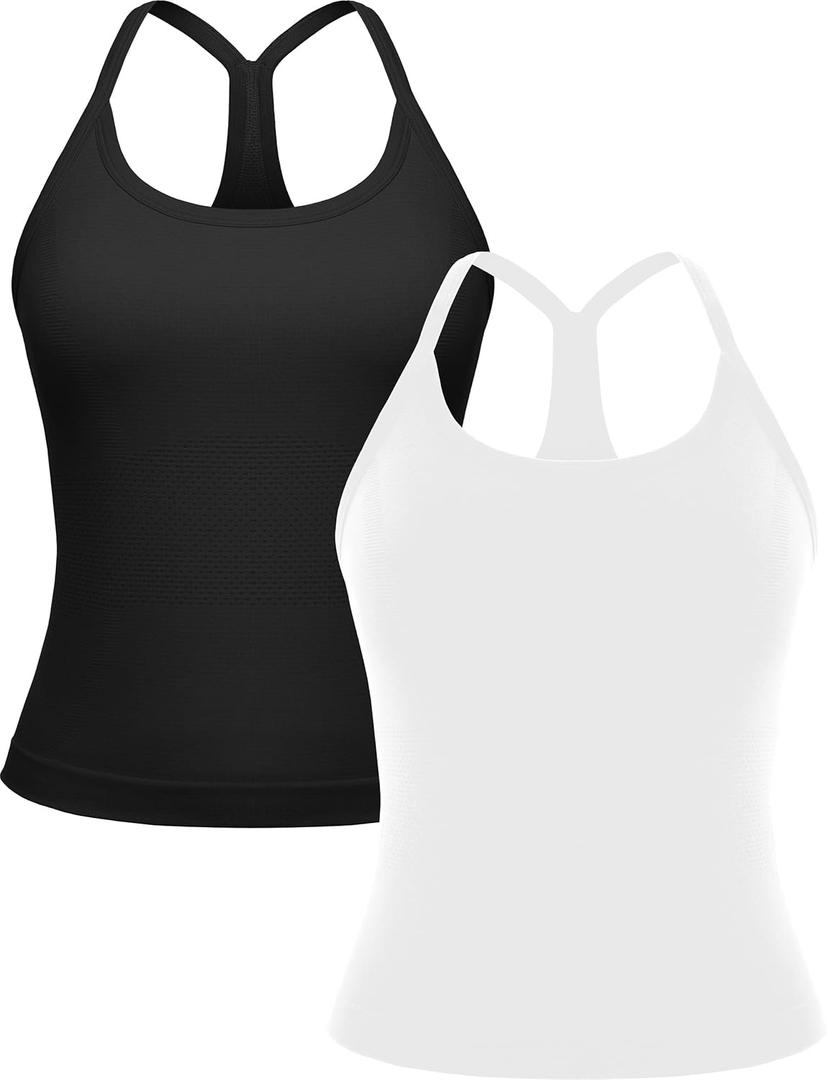MathCat Workout Tank Tops for Women with Built in Bra, Sleeveless Gym Tops Seamless Racerback Athletic Yoga Shirts 2 Pack (X-Large, Black & White)
