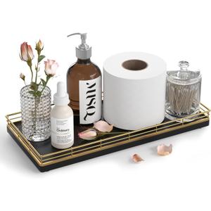 Oak Bathroom Toilet Tank Tray, 13" Paper Storage Basket Tray Back of Toilet Basket Organizer, for Perfume Makeup Candle Kitchen Counter Coffee Table Gold Decor (13" x 6.5" x 1.5")