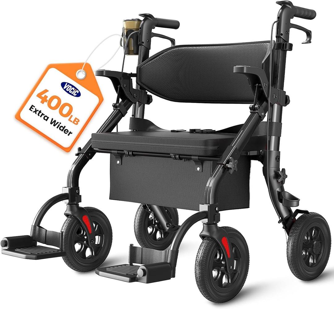VOCIC Walkers for Seniors Z59, 2 in 1 Walker Wheelchair Combo, 400 LBS Weight Capacity, 10" All Terrain Rollator with Extra Wide Seat & Backrest, Heavy Duty Rollator with Cup Holder
