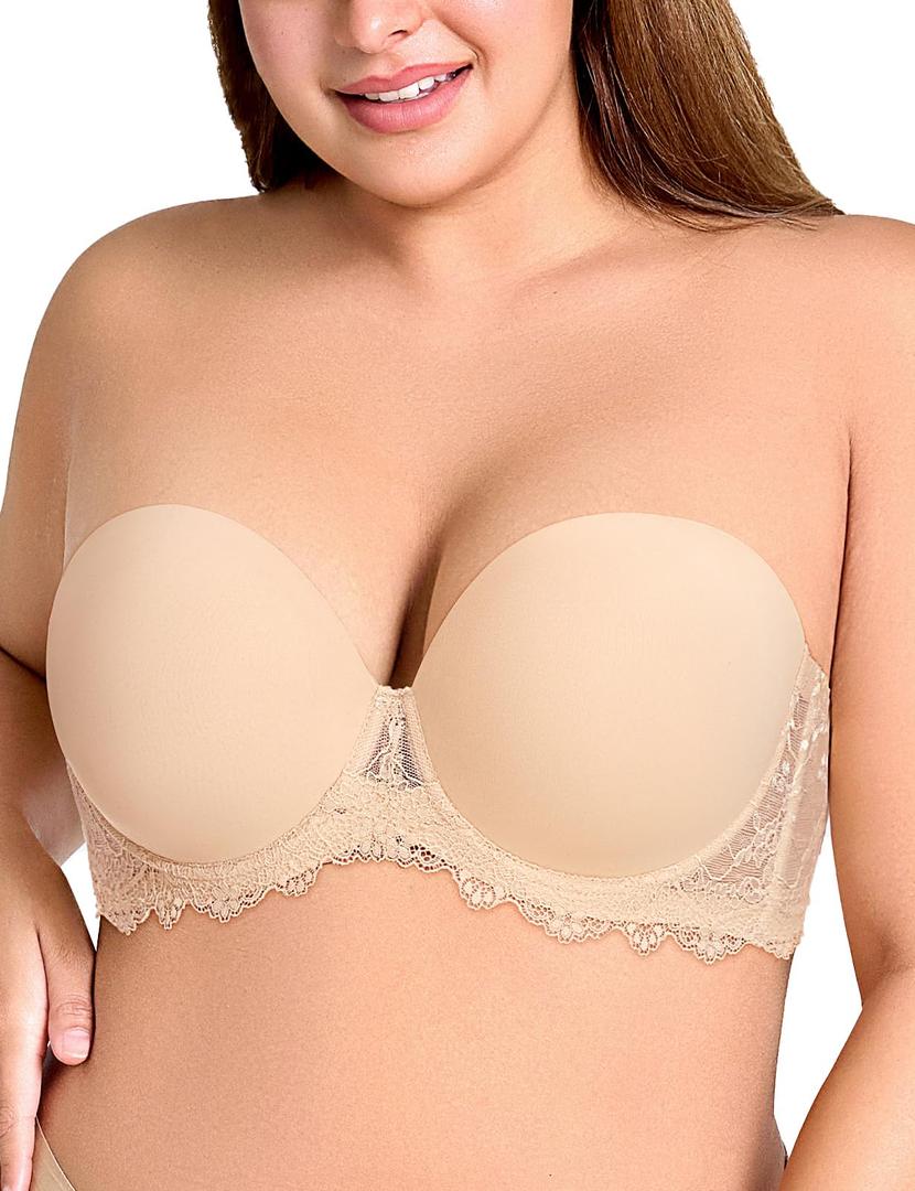 Plusfreeee Strapless Bras for Women Padded Convertible Non Slip Full Coverage Bra Underwire Support Beige 40E