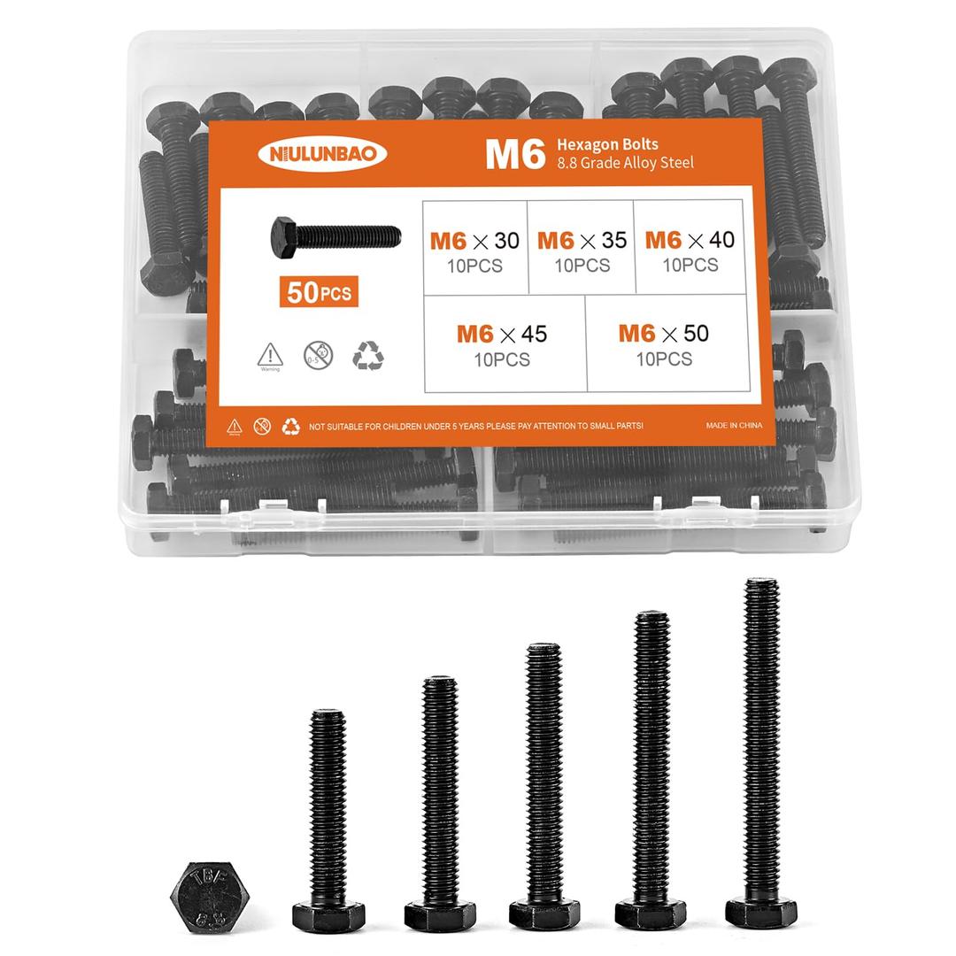 M6 x 30mm 35mm 40mm 45mm 50mm Heavy Duty Hexagon Bolts Hex Head Screws, 8.8 Grade Alloy Steel, Black Oxide Finish, Metric, Machine Fully Thread, Assortment Kit 50PCS