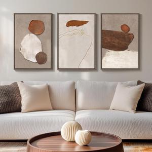 Framed Neutral Abstract Wall Art, 3 Piece Earth Tones Rustic Canvas Prints Paintings Artwork for Walls, Minimalist Abstract Stone Pictures for Living Room Dining Room Bedroom Wall Decor 16x24 Inch