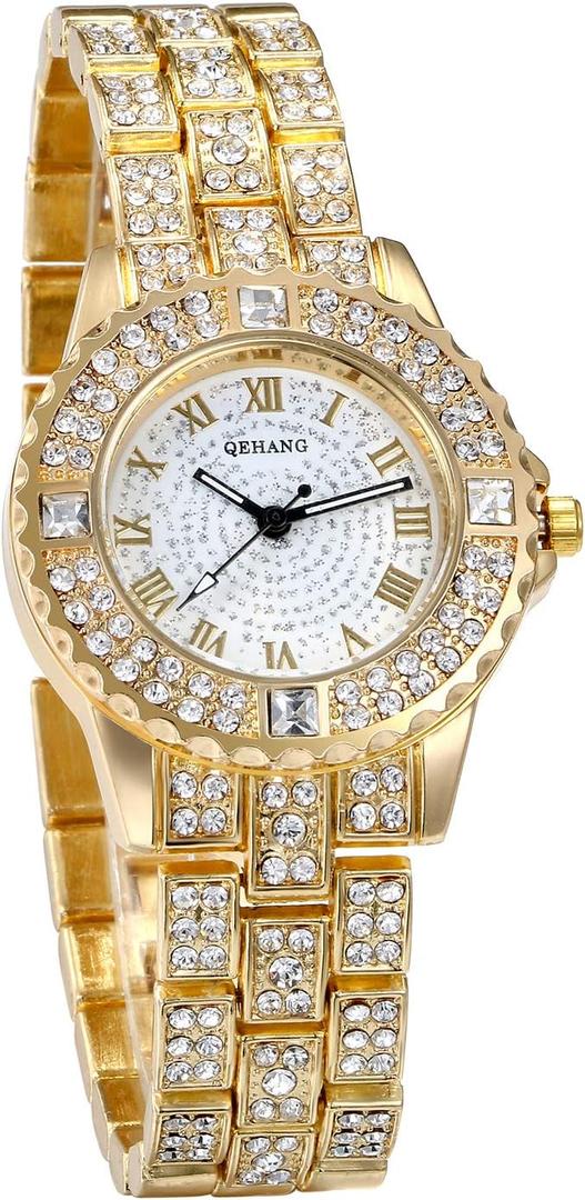 JewelryWe Women Watches Gold Tone Alloy Rhinestone Quartz Watch Stylish Bling Dress Watch Wristwatches for Valentine's Day