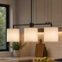 Emak Modern 34 Inch Kitchen Island Lighting, Black Dining Room Light Fixture with White Linen Drum Shade, Farmhouse 3-Light Linear Chandeliers for Dining Room, Kitchen, IL128-BK-WF-3