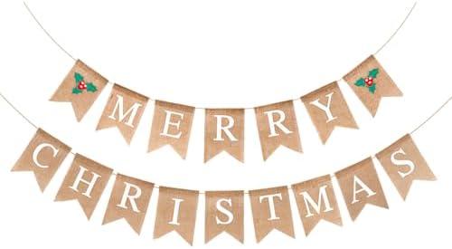 GCQQ Merry Christmas Banner - White Burlap Christmas Banners 11.8FT Holly Christmas Garlands Vintage Jute Xmas Sign Holiday Neutral Party Banner Indoor for Mantle Fireplace Office Wall Outdoor Decor