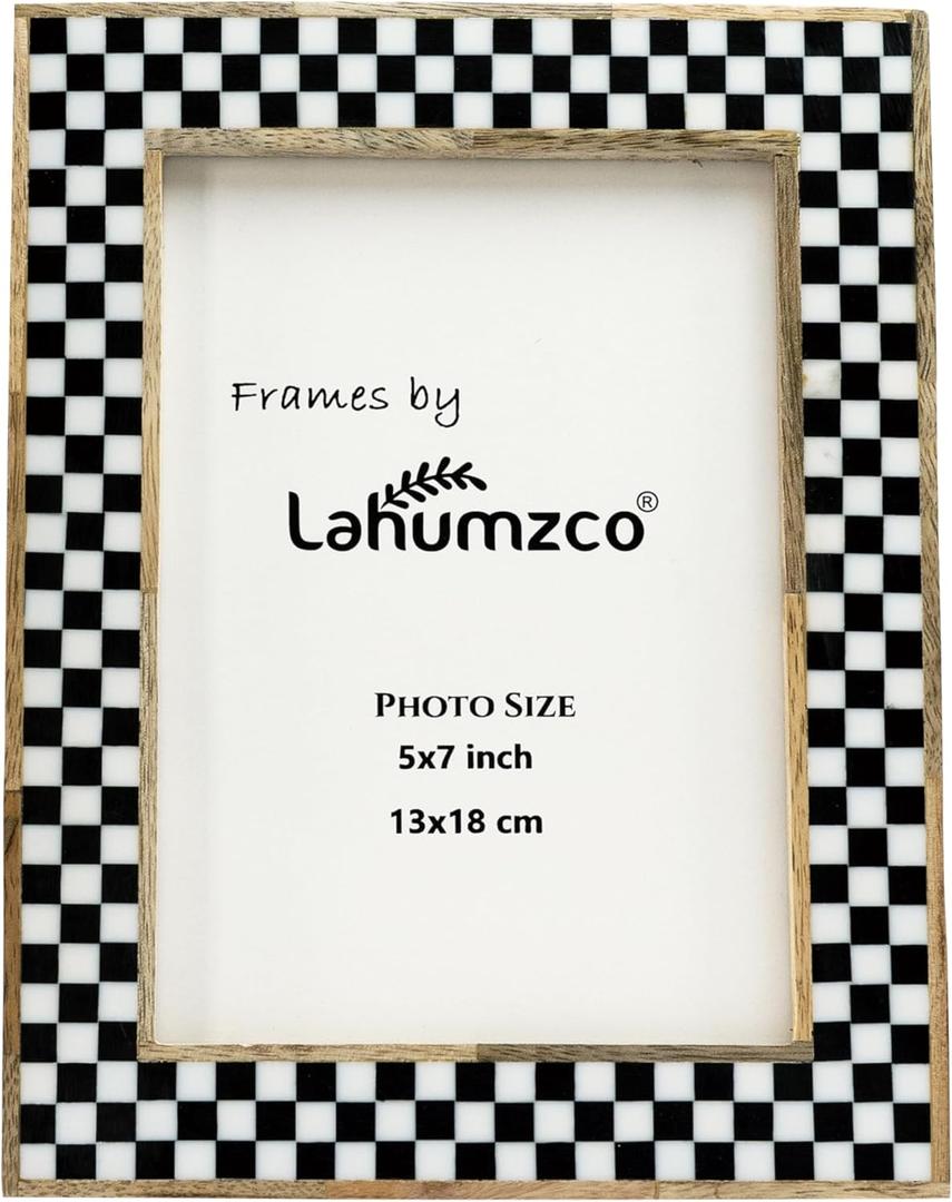 5x7 Handmade Photo Frame Black & White Checkered Wood Pattern, Vintage Rustic Style, Tabletop/Wall Decor, Decorative Gift Boho Picture Frame for Farmhouse & Office