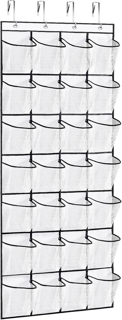 VOPTON 28Large Pockets Over The Door Shoe Organizer, Hanging Shoe Organizer for Closet, Premium Clear Shoe Rack for Door, Shoes Hanger Organizers Storage Holder for Back of Door and 4Metal Hook White