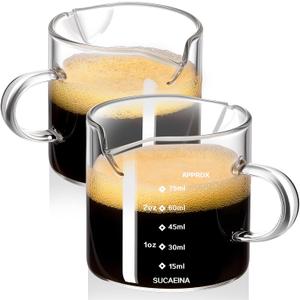 Espresso Cups Set of 2 with Handle, 2.5 OZ Double Spout Espresso Shot Cups Glass Measuring Cup with Dual Scale, Espresso Shot Glass with V-Shaped Mouth, Espresso Accessories