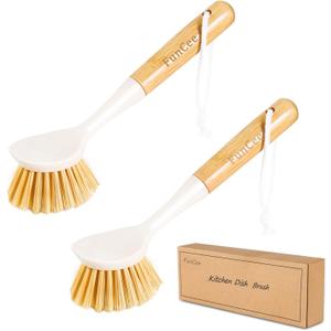 Pack of 2 Kitchen Dish Brushes with Bamboo Handle, Dish Scrubber Built-in Scraper, Scrub Brush for Pans, Pots, Counter & Kitchen Sink Cleaning, Dishwashing and Cleaning Brush Tools, White