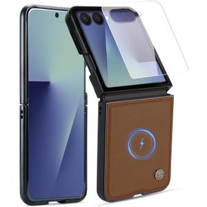 ASAPDOS Genuine Leather Folio Magnetic Case for Samsung Galaxy Z Flip 7 [Compatible with MagSafe],Built-in Screen Protector and Thin Slim Protective Case Cover Brown