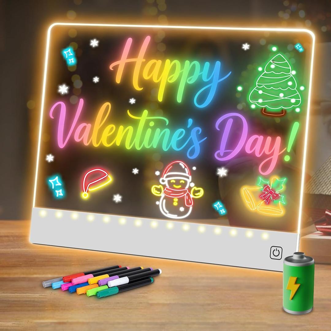 16" Led Drawing Board for Kids Rechargeable, Portable Doodle Glow LED Note Board with 7 Colors, Light Up Acrylic Dry Erase Lumi Board with Stand, Valentines Day Gifts Boys & Birthday Gifts(White) (1PACK)