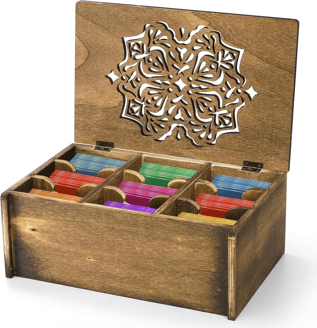 Tea Bag Organizer Storage Box, Wood Tea Holder Box, 9 Compartments Teas Chest Containers with Floral Carved Lid for Assorted Spice Packets, Home Decor, Multi-Functional Storage Boxes
