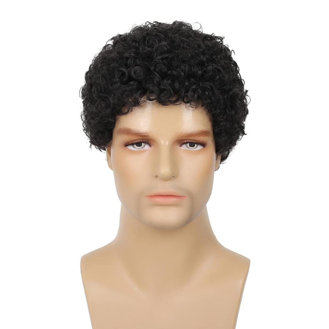 Swiking Mens Curly Afro Wigs Short Black Wig for Male Guy Rocker Wig California Halloween Cosplay Costume Full WigsBlack