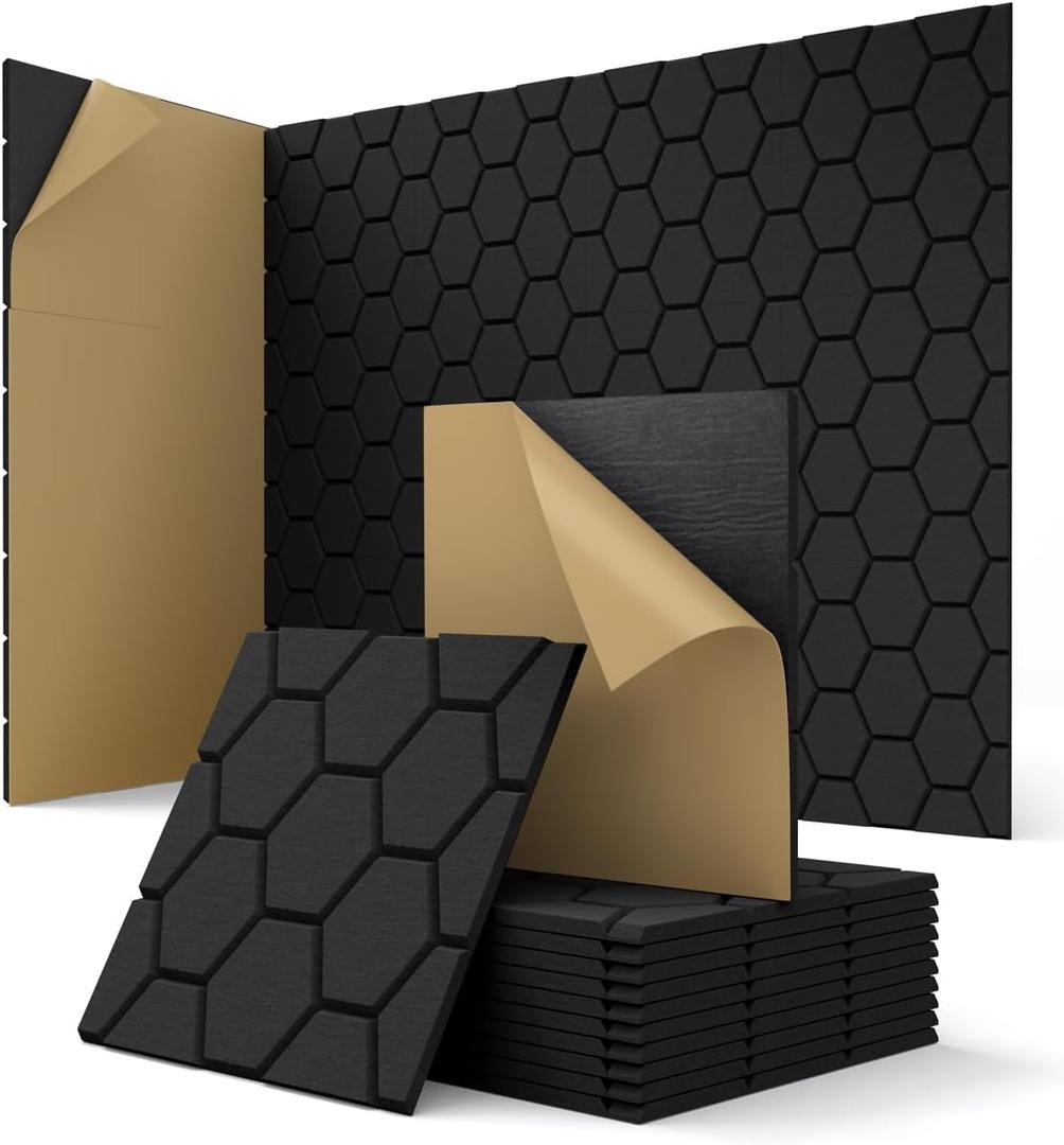 Kuchoow Acoustic Wall Panels Sound Absorbing, Honeycomb Self Adhesive Wall Tiles Panel, 12 Pack Decorative Hexagon Design for Studio, Home Office, Gaming Room, Acoustic Treatment, 12"x12"x0.4", Black