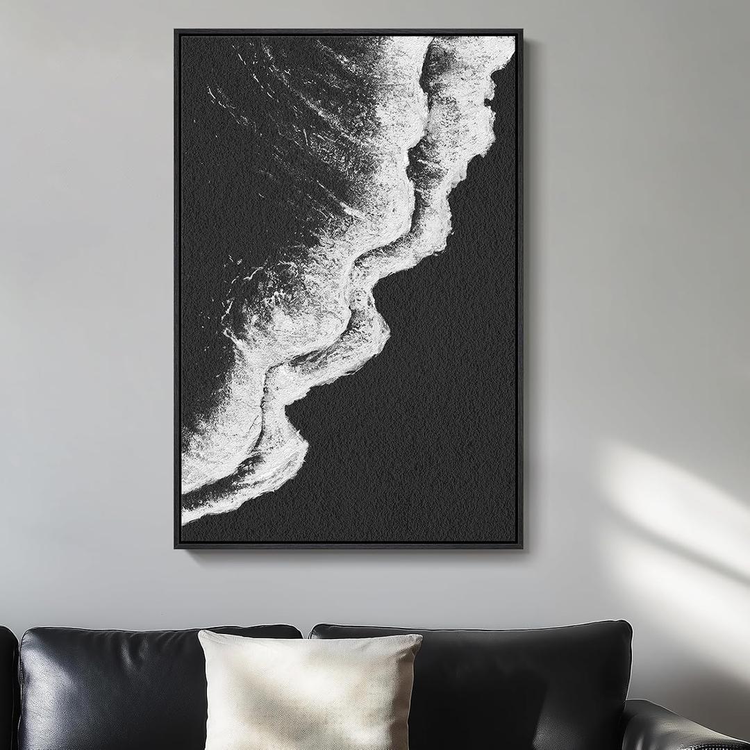 Framed Black and White Abstract Beach Canvas Wall Art, Modern Minimalist Art Prints Paintings Artwork for Walls, Ocean Wave Pictures for Living Room Dining Room Bedroom Bathroom Wall Decor 24x36 In