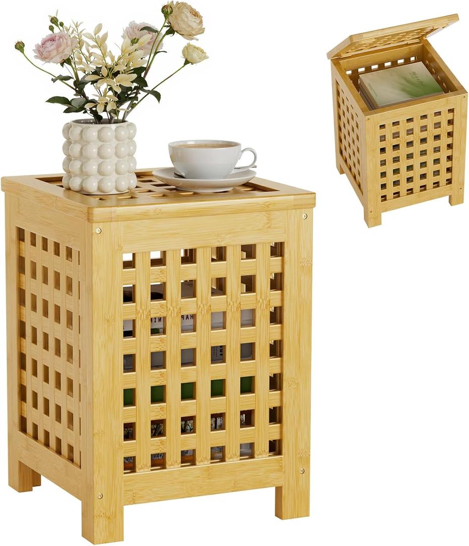 Bamboo End Table with Removable Cushion and Hidden Storage, 2-in-1 Ottoman Side Table with Breathable Grid Design for Small Space, Living Room, Bedroom, Balcony, Entryway