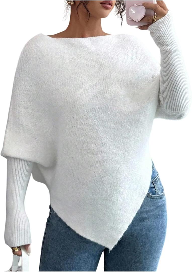 Verdusa Women's Cozy Asymmetrical Sweater Pullover Knit Tops Fall Clothes Elegant Luxury Outfits (White, M)