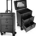 Yokilly Rolling Makeup Train Case, Professional Cosmetology Case on Wheels, Aluminum Cosmetic Trolley Travelling Cart Trunk with Swivel Wheels, Sliding Drawer & Keys for Nail Technician Stylist (Black) (Large)