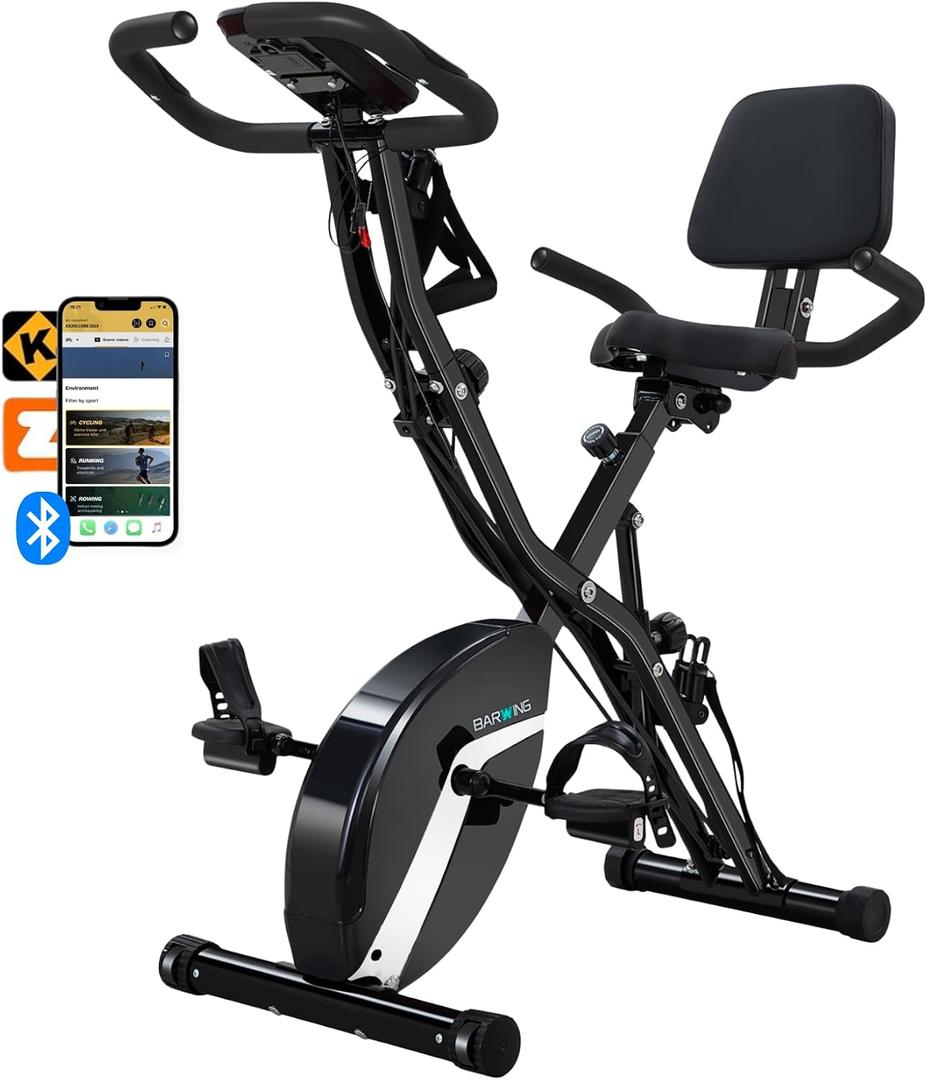 BARWING Stationary Exercise Bike for Home Workout, 5 IN 1 Foldable Indoor Cycling Bike for Seniors, 350LB Capacity, 16-Level Magnetic Resistance, Seat Backrest Adjustments