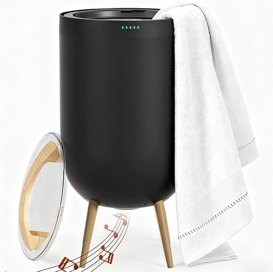 Luxury Towel Warmer Bucket, 23L Large Towel Warmers for Bathroom, with Stand, Ambient Light, Auto Shut Off, Relaxation Mode, Fits Three 40"x70" Towels, Bathrobes, Blankets, Great Gift Idea - Black