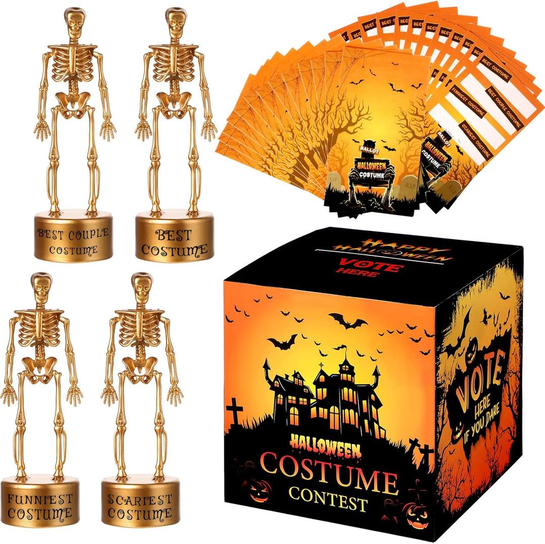 TaoBary 55 Pcs Halloween Best Costume Contest Trophy Awards for Adults, 4 Skeleton, 50 Voting Cards, Ballot Box for Party Decor Funny School Games Events Classroom Supplies