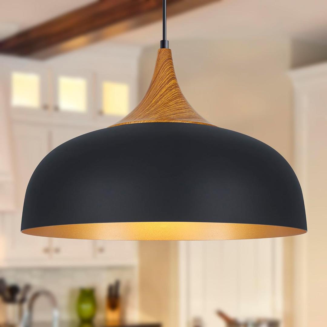 Black Farmhouse Dome Pendant Light 17.7" Large Vintage Pendant Light Fixtures Hanging Wooden Pendant Lighting for Kitchen Island Dining Room Living Room Foyer Hallway