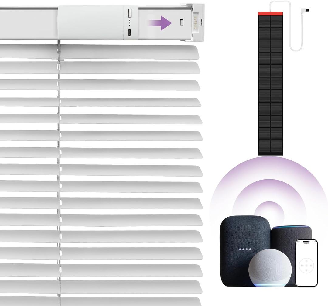 Motorized Blinds Smart Blinds with Remote Control Solar Powered Blinds Window Blinds Cordless Automatic Blinds Electric Blinds Windows Light Filtering Compatible with Google Alexa,White 33" Wx64 H