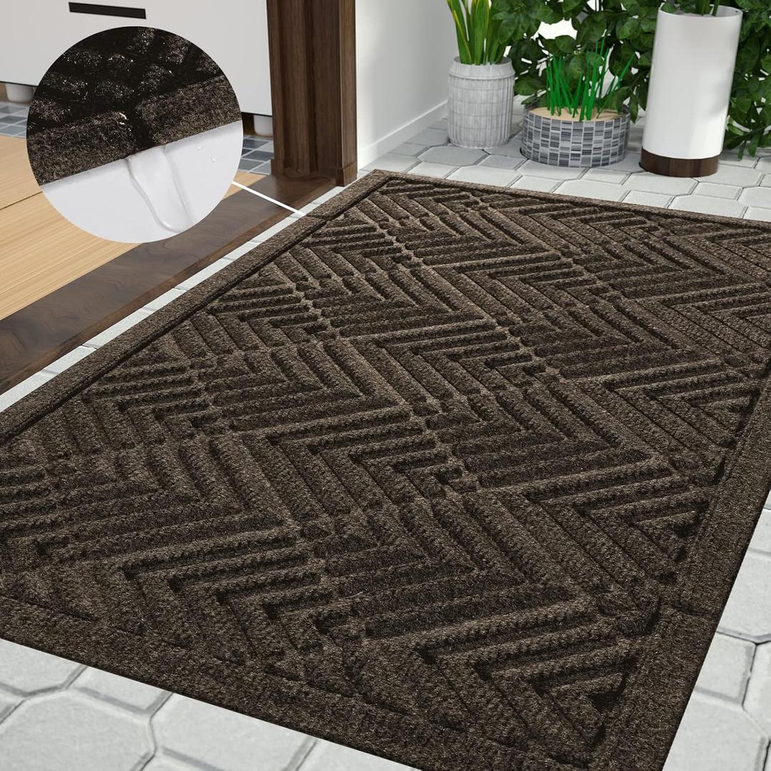 Yimobra Door Mat Outdoor Entrance with Water Freeing Port, Heavy Duty Non Slip Front Doormat Outdoor Indoor for Home Entranway, Patio Entrance Mat, Natural Rubber Backing, 29.5 x 17 Inch, Brown