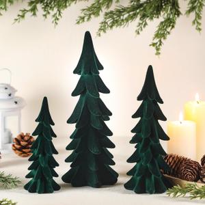 Velvet Christmas Tree Figurines Set of 3 - Tabletop Christmas Tree Figurine Decorations for Indoor Statues Decorative Fireplace Holiday Centerpieces Gifts(Green)