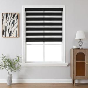 Joydeco Cordless Zebra Blinds for Windows, Dual Layer Light Control Window Blinds with Light-Proof Aluminum Cover, Free-Stop Roller Shades for Home & Office (Black,18" W x 48" H)