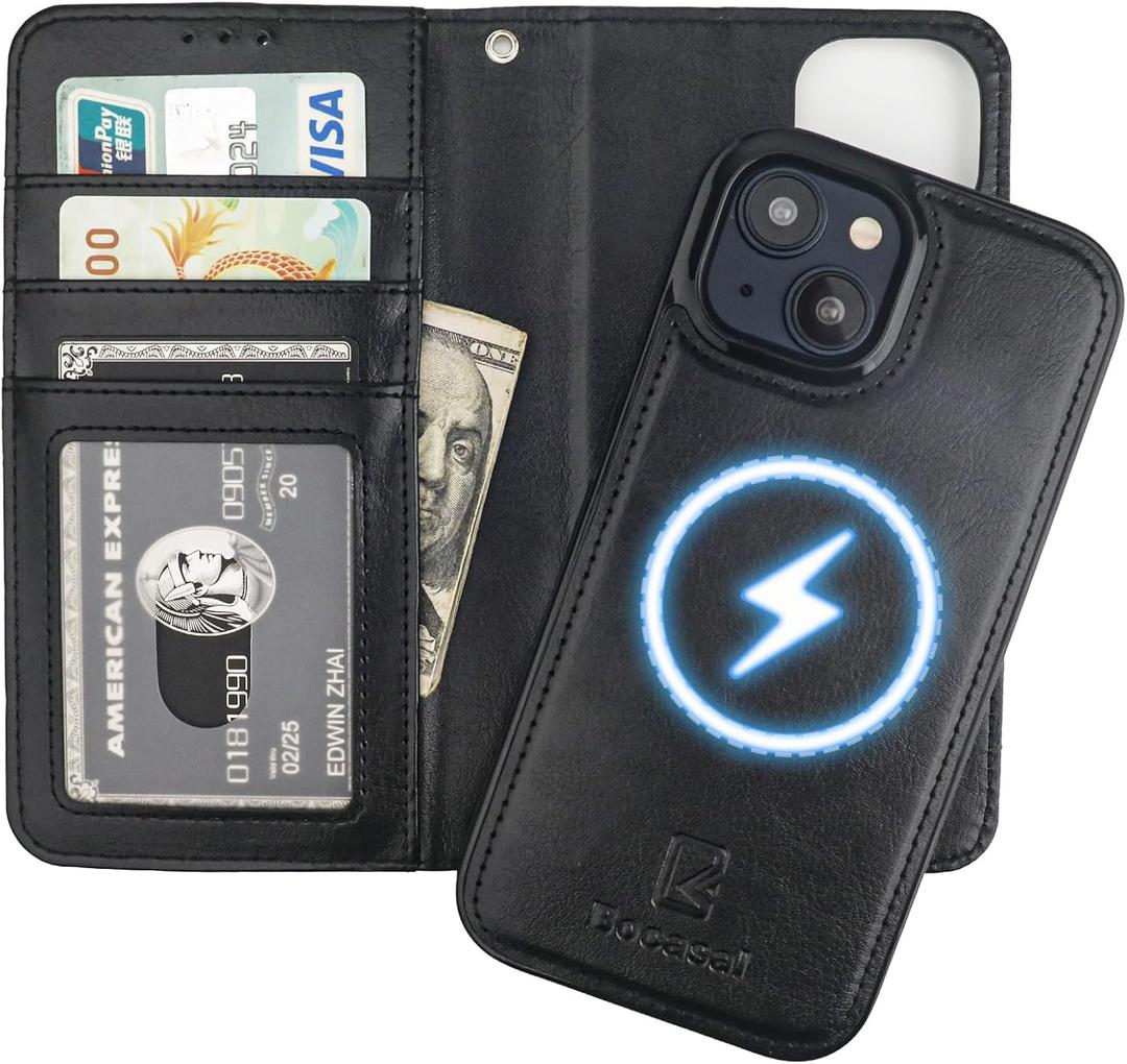 Bocasal for iPhone 15 Wallet Case Compatible with MagSafe Wireless Charging, RFID Blocking Magnetic Leather Case with Card Slots Holder Kickstand Detachable Wrist Strap 6.1 Inch (Black)
