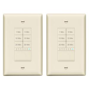 LIDER 30-Minute Countdown Timer Switch with Wall Plate, 1-5-10-15-20-30 Minutes, for Lighting or Fans, LED Indicator, 1200W, Neutral Wire Required, LTS-30M-LAWP2P, Light Almond, 2-Pack