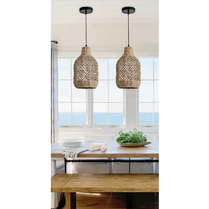 Mini Rattan Pendant Lights Set of 2, Rattan Hanging Light Fixture 7.9" Boho Wicker Pendant Lighting Seagrass Rattan Chandeliers for Dining Room Kitchen Island Bedroom Hallways 