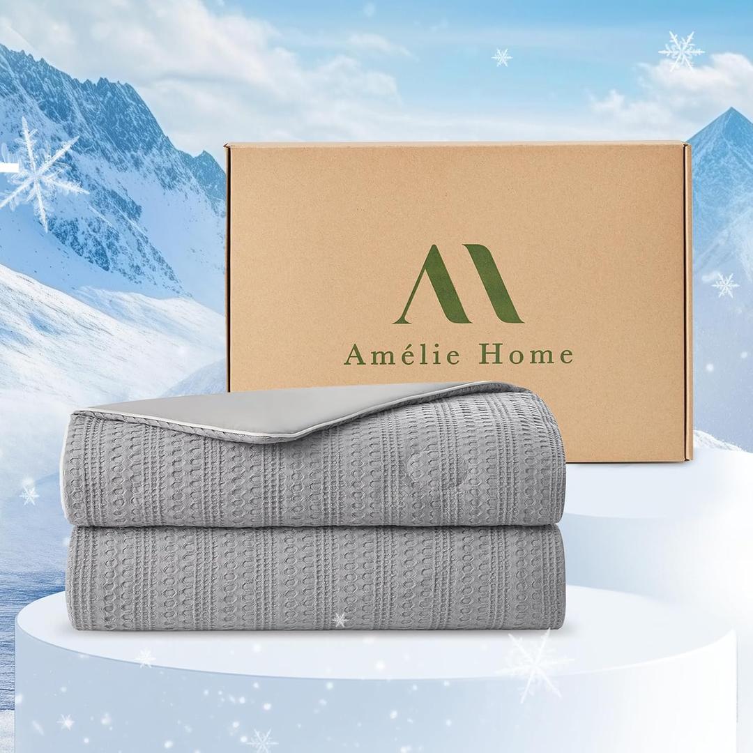 Amlie Home Waffle Cooling Comforter King Size, Q-Max 0.45 Double-Sided Lightweight Cooling Blanket for Hot Sleepers, Summer Silk Breathable Bedding Quilt for Night Sweats, 106"x90", Cool Gray