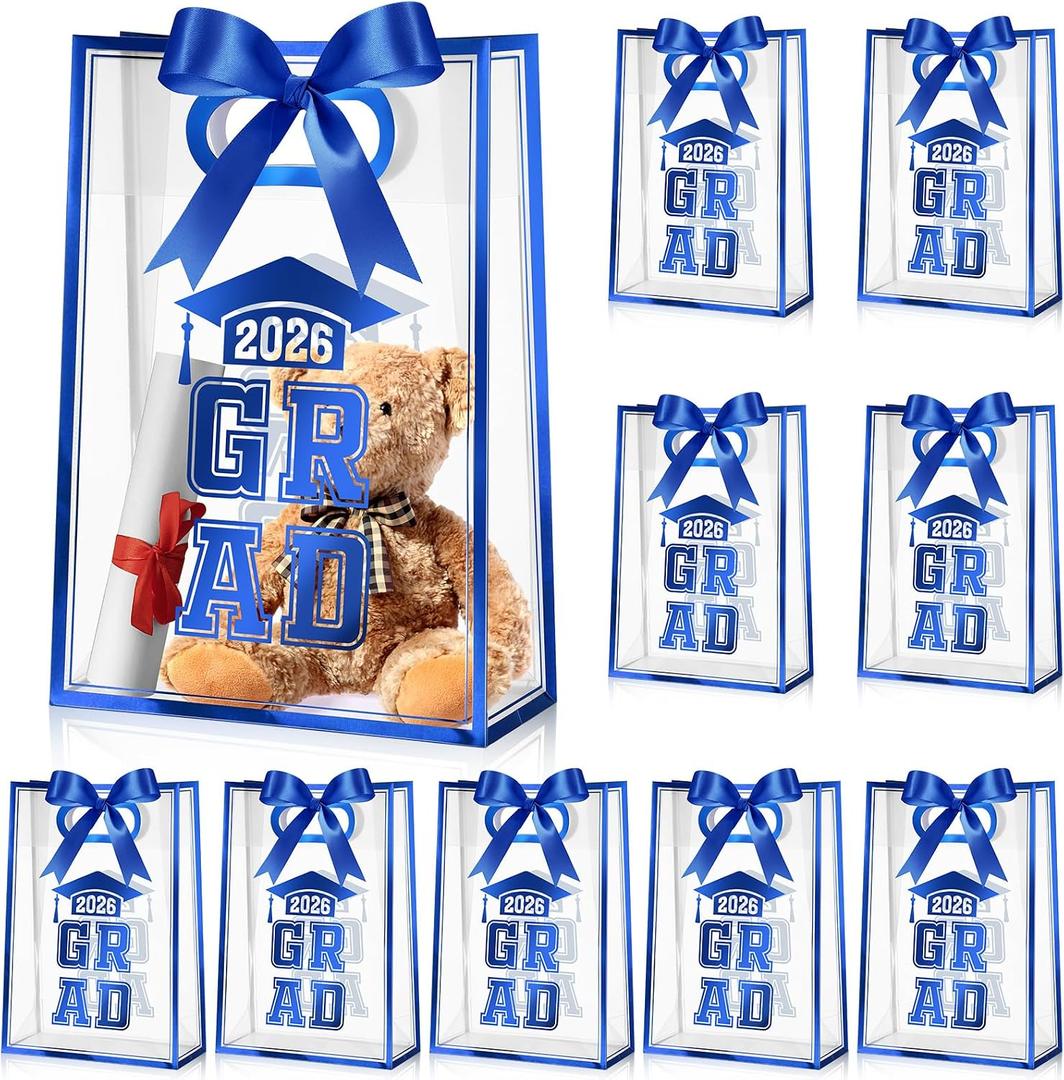 Aliceset 12 Pcs Class of 2026 Clear Graduation Gift Bags with Die Cut Handles 2026 Grad Plastic Gifts Wrapping Bag with Ribbon for College High School Party Decorations, 7x10x3.15 Inch(Royal Blue)