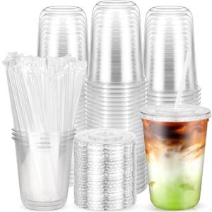 100PCS 14 oz Plastic Cups with Flat Lids and Clear Straws, Disposable Iced Coffee Cups with Lid, Round Bottom To Go Drink Cups for Soda, Smoothies, Boba, Cold Beverage, Juice Bars, Takeout, Party
