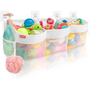 UNEEDE 3 Compartment Horizontal Bath Toy Organizer for Tub,Extra Large Capacity 4.95 Gallons Bath Toy Storage Holder,Mesh Quick Dry Bathtub Storage and Organizer,Easy Access Baby Bathtub Holder