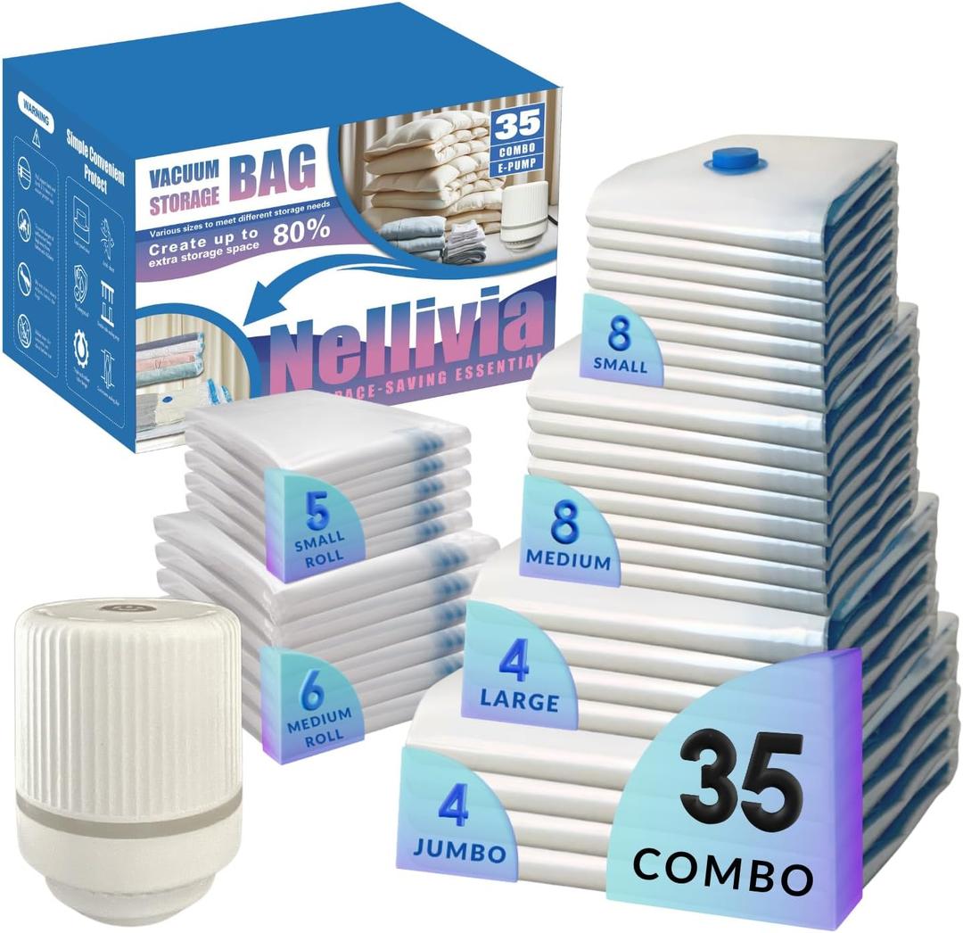 35 Pack Vacuum Storage Bags with Electric Pump, Compression Space Saver for Comforters, Bedding, Blanket Storage, Vacuum Seal Bags for Clothing, Luggage and Closet Organizer