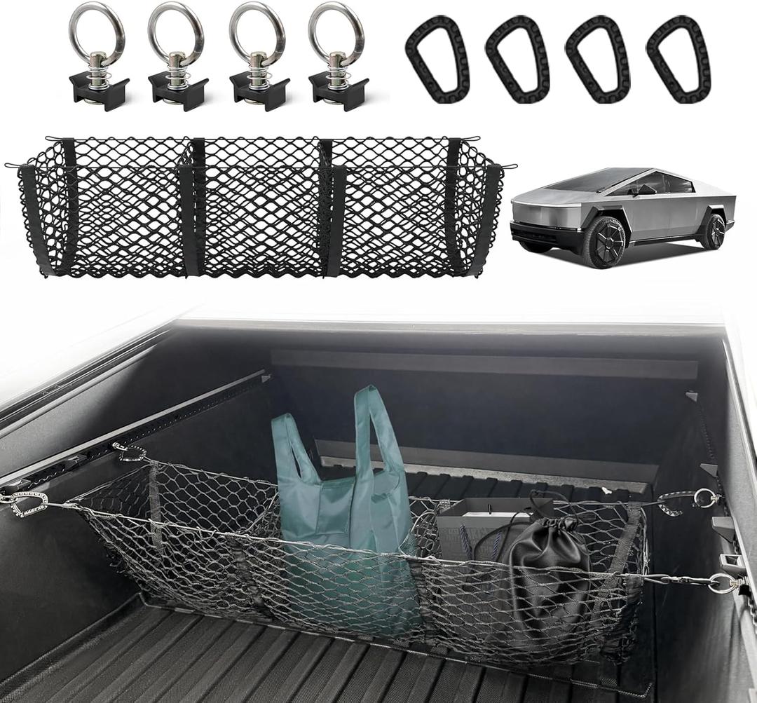 BestEvMod Cargo Mesh Net for Pickup Truck Bed Compatible with Tesla Cybertruck 2026 2025 2024 Accessories Mesh Extra Strong Hook Stretchable Trunk Organizer Cargo Net (3 Pocket, Reinforced POM Hooks)