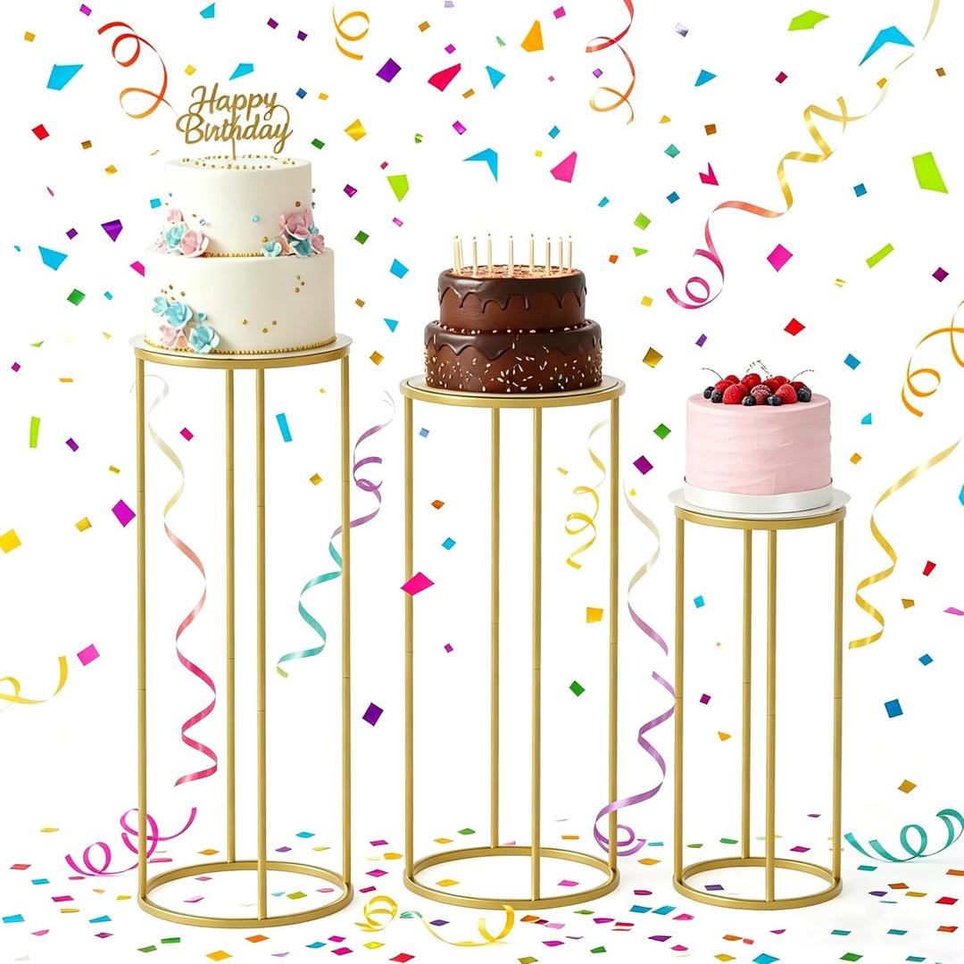 Urban Deco 3Pcs Cylinder Stands for Party, Round Pedestal Stand for Parties with Removable Acrylic Tops, Gold Metal Cake Stands, Cilindros para Fiestas for Birthday Party Wedding Baby Shower Decor