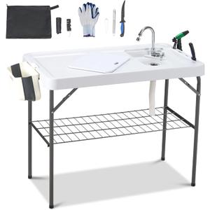 Dragosum Outdoor Sink Fish Cleaning Table Portable Camping Table with Faucet Hose Hook Up Grid Rack, Fish Fillet Camping Sink Table, Fish Cleaning Kit for Picnic Beach Patio (White & Black)