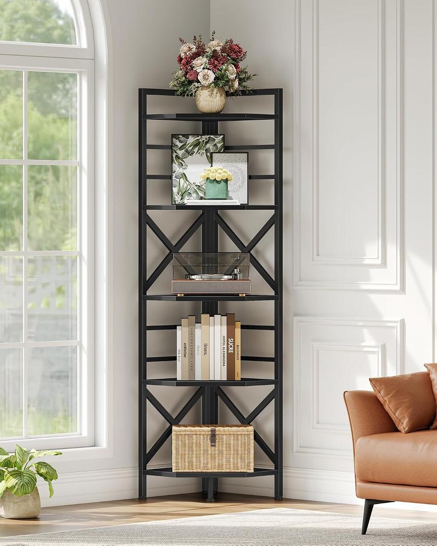 CHOEZON 69.3" Corner Shelf 5-Tier, Large Corner Shelving Unit, Freestanding Storage Stand for Bedroom, Living Room, Kitchen, Industrial Engineered Wood Bookshelf Organizer, Black TCJ15BB