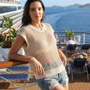 Lepunuo Women's Summer Crochet Top Cap Sleeve Hollow Out Cover Ups Casual Cruise Beach Vacation Tops Knit Pullover Sweater (Beige, 3XL)