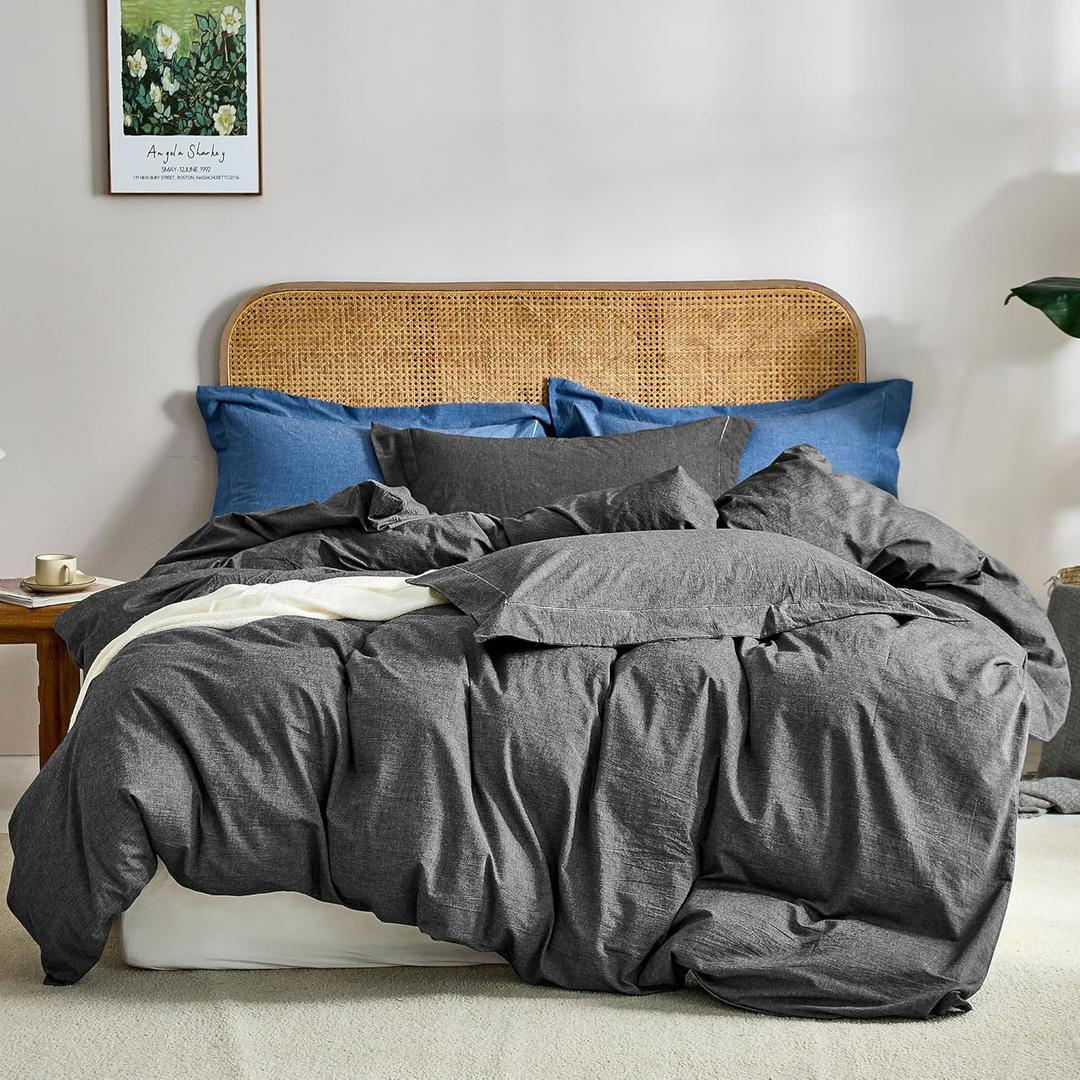 JELLYMONI 100% Washed Cotton 3 Pieces Black Duvet Cover King Size - Linen Like Textured Breathable Comforter Cover with Pillow Shams (Black, 104"x90")