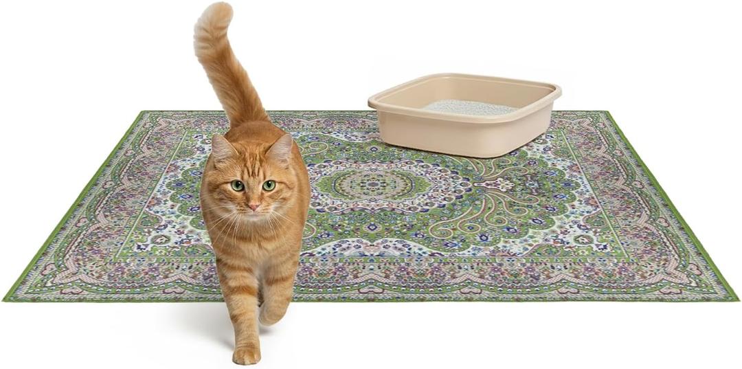 Lovewag Cat Litter Mat 2 Pack - Large 36x48 Machine Washable Easy Clean Non-Slip Waterproof Trapping Mats for Cats - Peacock Garden