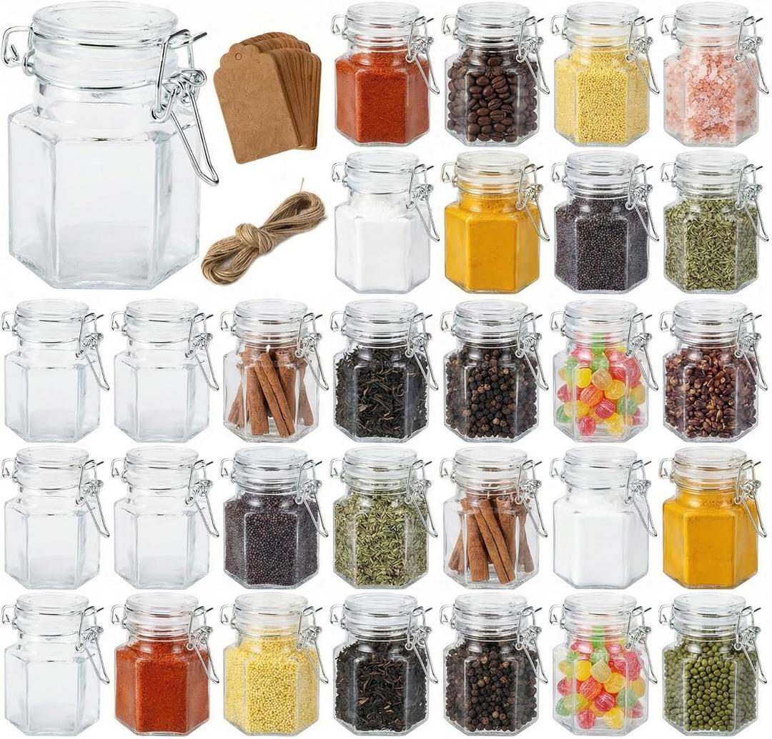TOPZEA 30 Pack Hexagon Glass Jars with Airtight Lid, 3.5oz Clear Spice Jar, Herb Storage Containers Food jars for Pantry Organization, Honey, Jam, Party Favors & Crafts (Includes Labels & Hemp Rope)