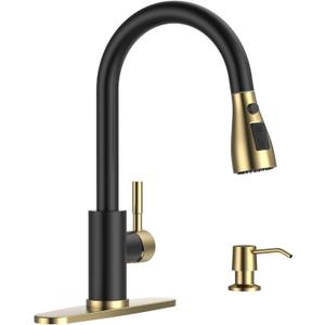APPASO Black and Gold Kitchen Faucet, Stainless Steel Kitchen Sink Faucets with Soap Dispenser and Pull Down Sprayer 3 Modes, High Arch Single Handle Matte Black with Deck Plate for 1 to 4 Holes Sink