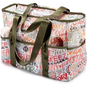 KUAK Mesh Beach Bag, Large Beach Tote with Top Zipper, 9 Pockets, Inner Waterproof Pocket for Family Pool Vacation Essentials (Colourful)